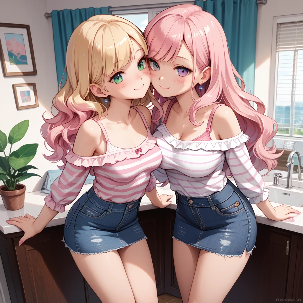 2girls, kiss on the cheek, kissing cheek, smile. 
first girl: perfect purple eyes, small breasts, blonde hair, blunt bangs, long hair, wavy hair, black t-shirt, striped long sleeves, off shoulder.
second girl: beautiful green eyes, pink tank top, sleveless, denim skirt, pink hair, short hair, swept bangs, large breasts, voluptuous.
 apartment, masterpiece quality, ultra HD, 4K, best quality,