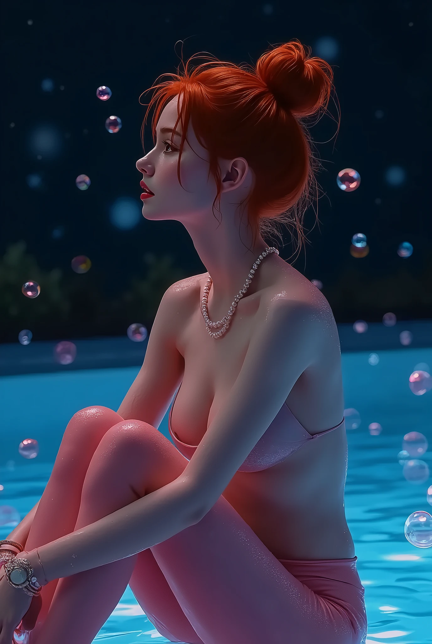 a sexy girl in a swimming pool, bare breasts, panties, covering her breasts with a sign that says "THANK YOU FOR 1000 followers", oil painting inspired by Bill Sienkiewicz, detailed facial features, realistic skin textures, intricate details, dramatic lighting, cinematic composition, vibrant colors, photorealistic, masterpiece, best quality