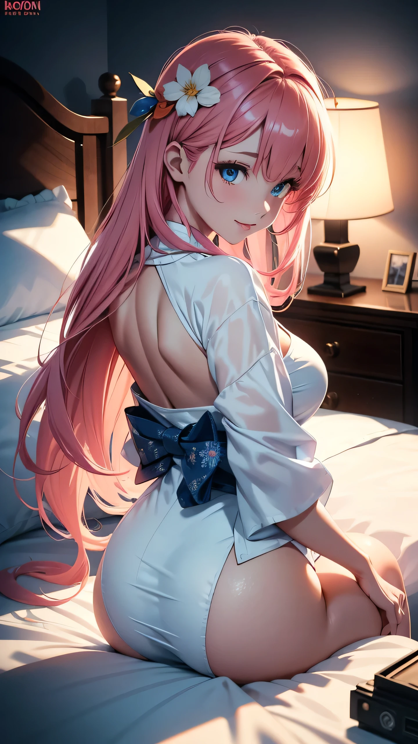 wearing a sexy white yukata, face down ass up, (High detail:1 1), natural skin, preety face, laying down in bed, High quality, photo from behind, Gotoh Hitori, showing ass， thicc ass, Pink hair, long detailed hair, cube hair ornament，blue eyes，（smile:1.2），Red face，bending over, laying down，sexy figure，Perfect body，gorgeous eyes, (detailed face and eyes), (Face: 1 2), Real Photo, Lamp Film Photography, Sharp Focus, High Contrast Lighting, Sensitive Skin, High Definition 8K, Crazy Details, Realistic, Professional Photography, 8K UHD, SLR camera, soft lighting, high quality, Gotoh Hitori