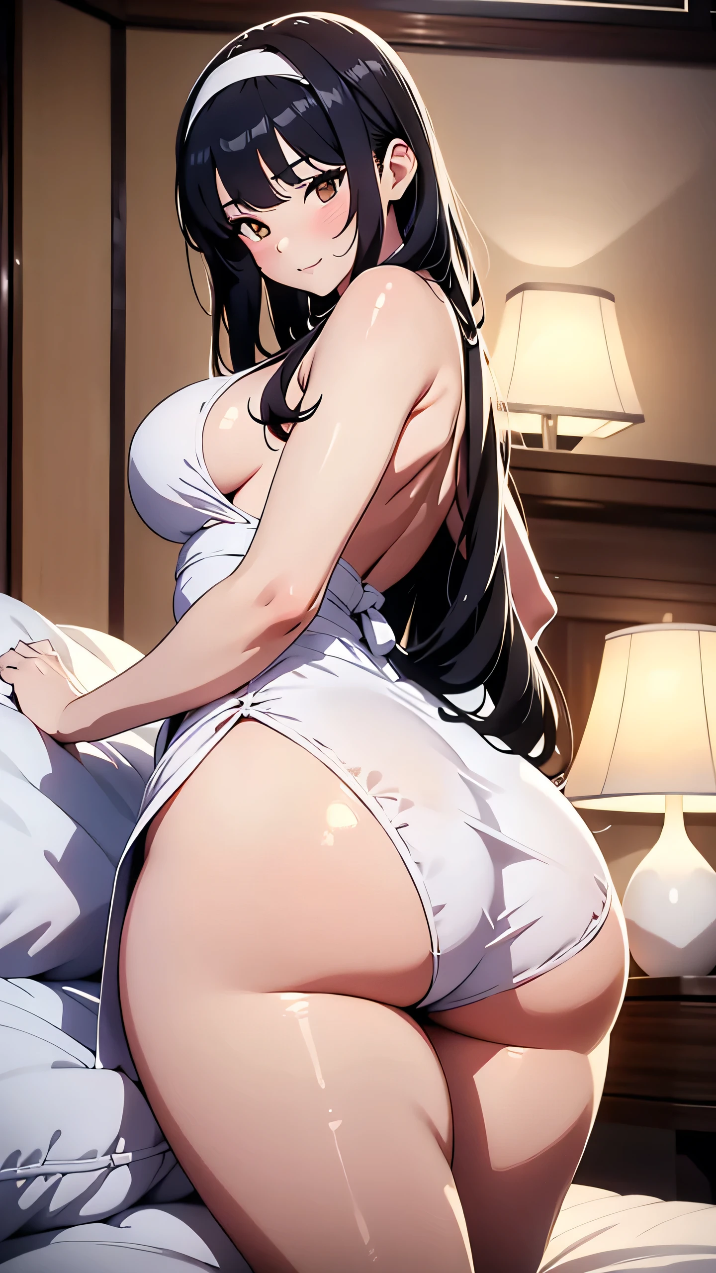 wearing a sexy white yukata, face down ass up, (High detail:1 1), natural skin, preety face, laying down in bed, High quality, photo from behind, Gotoh Hitori, showing ass， thicc ass, Black hair, long detailed hair, white hairband，brown eyes，（smile:1.2），Red face，bending over, laying down，sexy figure，Perfect body，gorgeous eyes, (detailed face and eyes), (Face: 1 2), Real Photo, Lamp Film Photography, Sharp Focus, High Contrast Lighting, Sensitive Skin, High Definition 8K, Crazy Details, Realistic, Professional Photography, 8K UHD, SLR camera, soft lighting, high quality, Gotoh Hitori