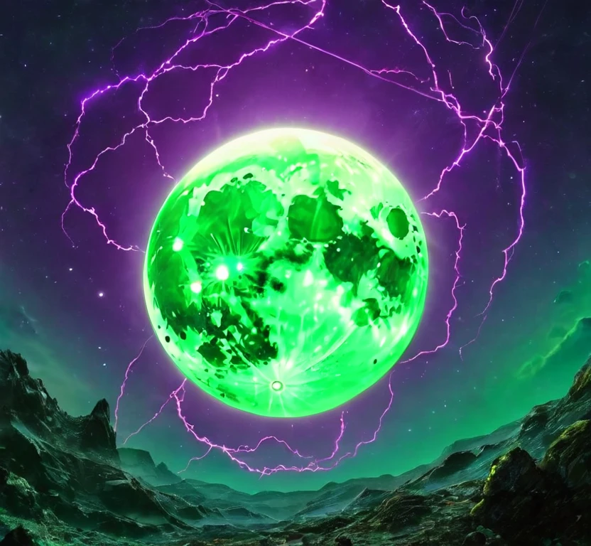 The moon with purple electricity around it, a green glow from behind