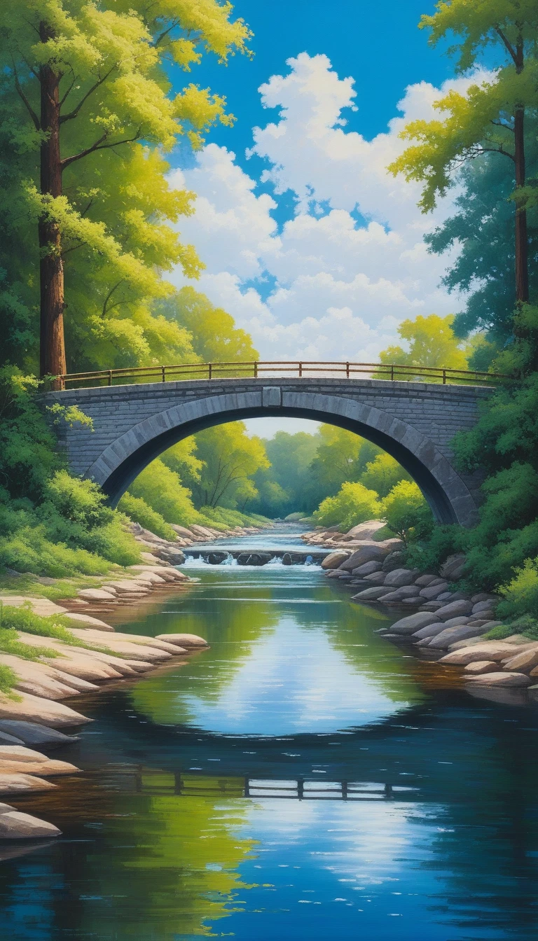 here is a painting of a 1 bridge over a river with trees, pixel art, blue sky
