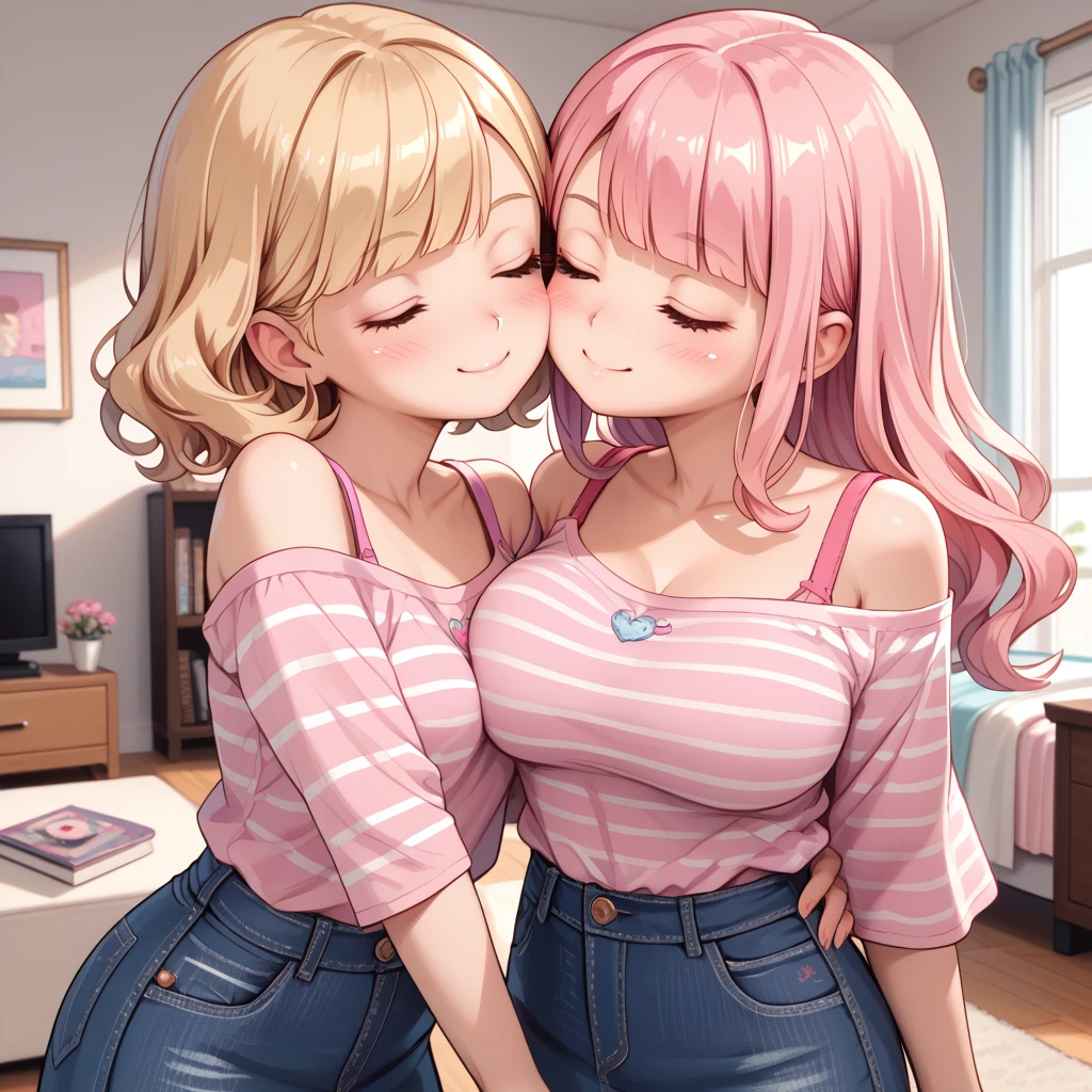 2girls, kiss on the cheek, kissing cheek, cheek kiss, smile. 
first girl: eyes closed, small breasts, blonde hair, blunt bangs, long hair, wavy hair, black t-shirt, striped long sleeves, off shoulder.
second girl: kissing cheek, eyes closed, pink tank top, sleveless, denim skirt, pink hair, short hair, swept bangs, large breasts, voluptuous.
 living room, apartment, masterpiece quality, ultra HD, 4K, best quality,