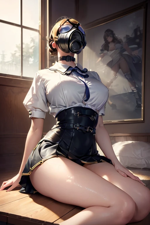 ((Best Quality)), ((傑Best Quality、masterpiece、High sensitivity、 high definition、 Detailed Description 、 Delicate Face Description )), Slender woman、angle：Looking up 、 Mini Skirt Thighs 、 beautiful feet、Gas mask、