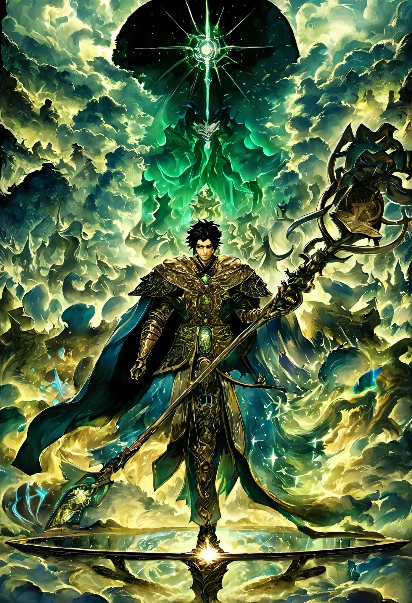 Shigenori Soejima art style, black hair, 1 boy, A mystical warrior stands on the floating islands of ReFantazio, a world of sky empires at war. He wears an intricate blend of alchemical armor with gears and shimmering magic runes, reflecting his connection to alchemy, mechanics, and magic. His eyes glow with an intense energy, symbolizing the Spiritus that flows through him, connecting him to the divine Logos. His stance is powerful yet thoughtful, as if he carries the wisdom of ancient ancestors. He holds a complex staff or sword, imbued with symbols of his archetype, Warrior-Scholar, which balances knowledge and combat. Behind him, the vast sky is filled with clouds and other floating islands, creating an epic and spiritual atmosphere. His expression shows both resolve and mystery, embodying the clash of ancient energies and modern knowledge.

