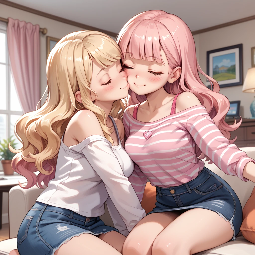 2girls, kiss on the cheek, kissing cheek, cheek kiss, smile. 
first girl: (eyes closed, (small breasts), blonde hair, blunt bangs, long hair, wavy hair, black t-shirt, striped long sleeves, off shoulder.)
second girl: kissing cheek, eyes closed, pink tank top, sleveless, denim skirt, pink hair, short hair, swept bangs, large breasts, voluptuous.
 living room, apartment, masterpiece quality, ultra HD, 4K, best quality,