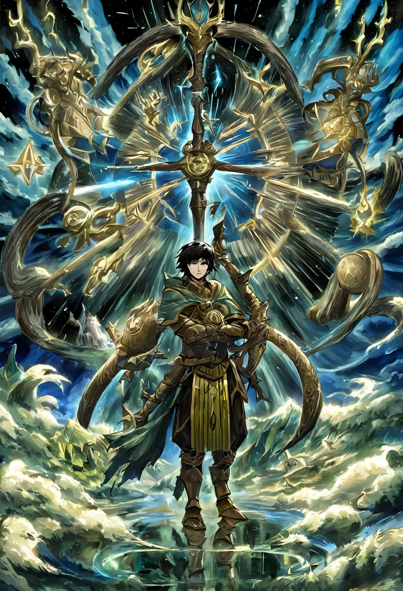 Shigenori Soejima art style, black hair, 1 boy, A mystical warrior stands on the floating islands of ReFantazio, a world of sky empires at war. He wears an intricate blend of alchemical armor with gears and shimmering magic runes, reflecting his connection to alchemy, mechanics, and magic. His eyes glow with an intense energy, symbolizing the Spiritus that flows through him, connecting him to the divine Logos. His stance is powerful yet thoughtful, as if he carries the wisdom of ancient ancestors. He holds a complex staff or sword, imbued with symbols of his archetype, Warrior-Scholar, which balances knowledge and combat. Behind him, the vast sky is filled with clouds and other floating islands, creating an epic and spiritual atmosphere. His expression shows both resolve and mystery, embodying the clash of ancient energies and modern knowledge.

