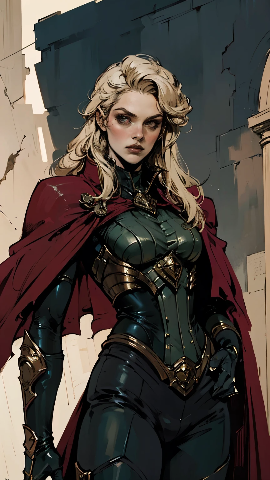 A lady with long blonde hair, Jagged bangs, Arched Crescent Eyebrow, Sharp and determined gaze, Delicate oval face,  serious expression , Fantasy-style dark green military coat, Wearing a crimson waist-length cape, Military Pants, Leather combat boots, Silver Greaves,  One hand on her hip , Standing on a spacious training ground, This character embodies a well-crafted fantasy-style female officer, in anime style , Exquisite and mature comic style,  Pale Skin , HD,  best quality,  high resolution,  super detailed, Ultra-fine painting, Extremely refined,  Professional ,  perfect fit ,  golden ratio ,  anatomically correct , Symmetrical face, Extremely detailed eyes and face, High quality eyes, creativity, RAW photo, 超HD, 32K, Natural Light,  cinematic lighting ,  masterpiece -anatomy-perfect,  masterpiece :1.5