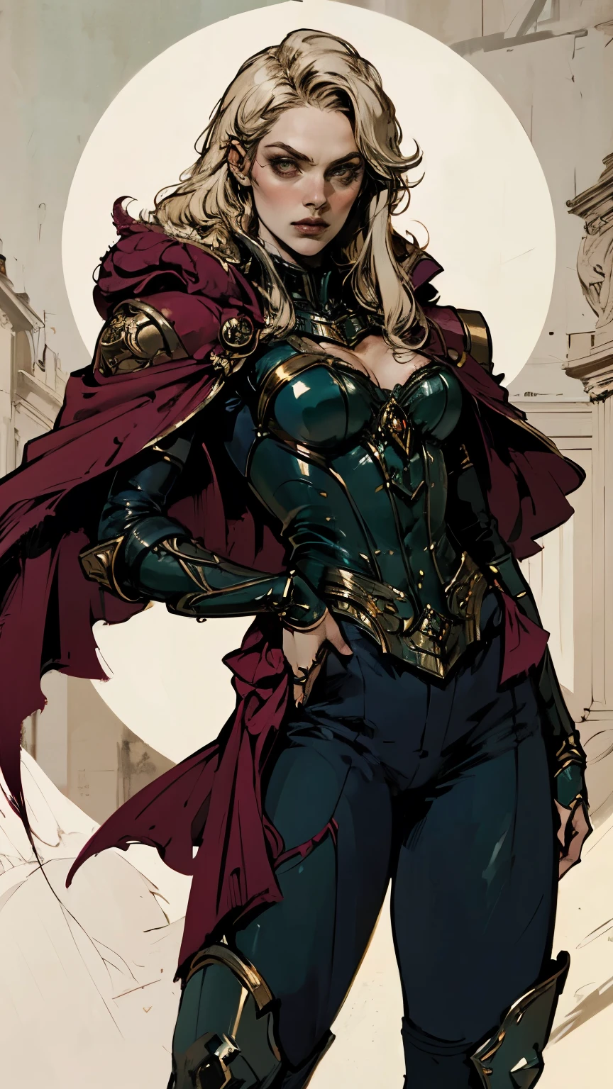 A lady with long blonde hair, Jagged bangs, Arched Crescent Eyebrow, Sharp and determined gaze, Delicate oval face,  serious expression , Fantasy-style dark green military coat, Wearing a crimson waist-length cape, Military Pants, Leather combat boots, Silver Greaves,  One hand on her hip , Standing on a spacious training ground, This character embodies a well-crafted fantasy-style female officer, in anime style , Exquisite and mature comic style,  Pale Skin , HD,  best quality,  high resolution,  super detailed, Ultra-fine painting, Extremely refined,  Professional ,  perfect fit ,  golden ratio ,  anatomically correct , Symmetrical face, Extremely detailed eyes and face, High quality eyes, creativity, RAW photo, 超HD, 32K, Natural Light,  cinematic lighting ,  masterpiece -anatomy-perfect,  masterpiece :1.5