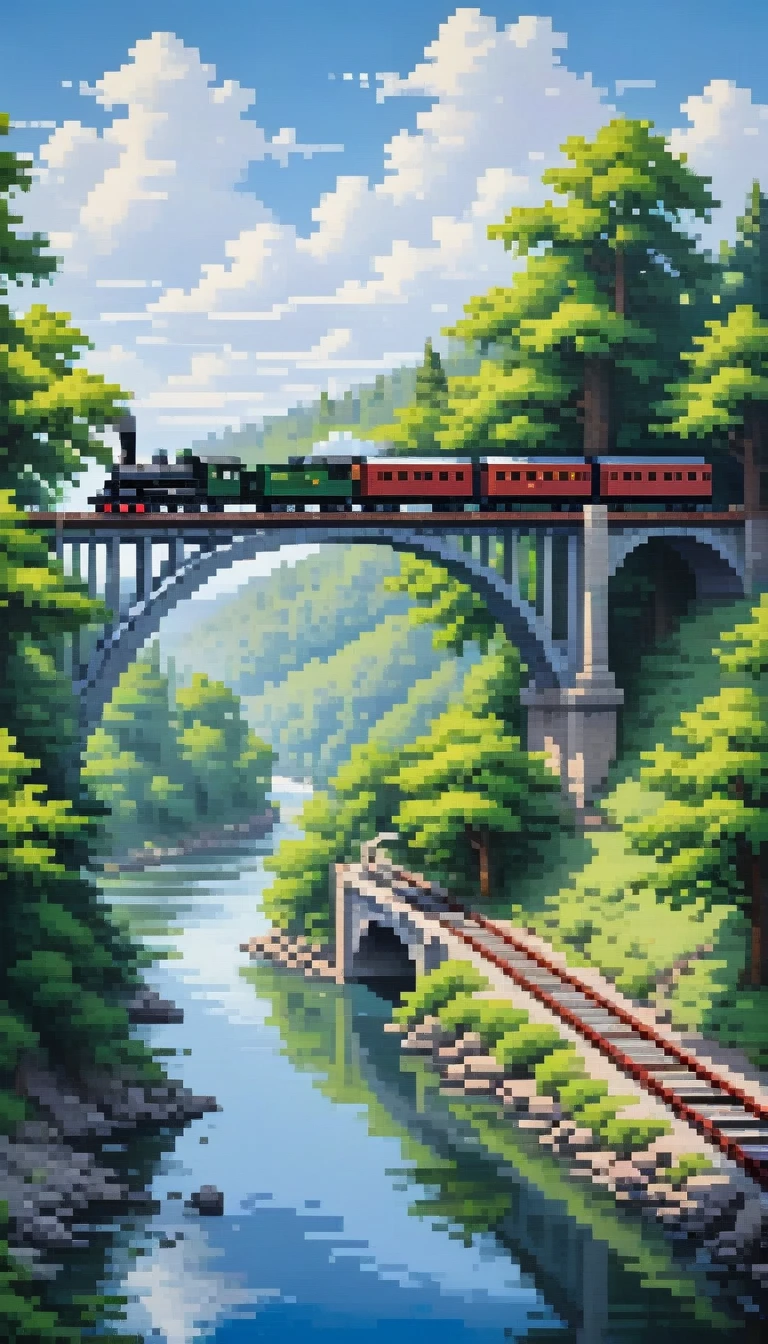 here is a painting of a 1 bridge train over a river with trees, pixel art, blue sky
