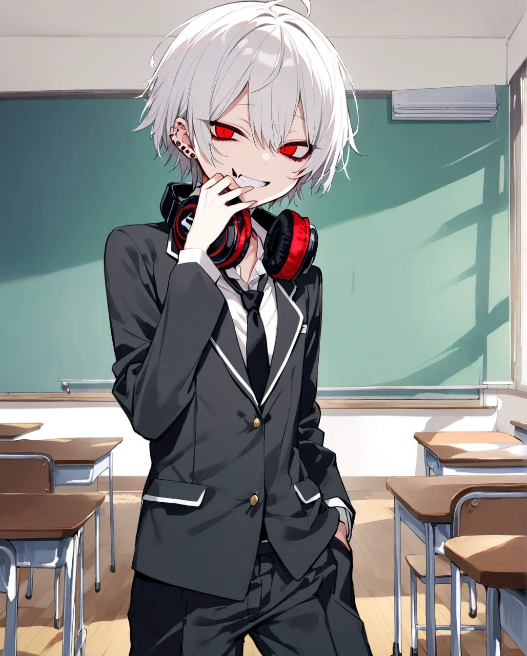 1boy.solo,cowboy shot,standing,hand to own mouth
,white hair,short hair,grin,mesugaki,skin fang,red eyes,half-closed eyes,(crazy eyes),beautiful skin,flat chest,ear piercing,necklace,headphones around neck,
school uniform,pants,black necktie,classroom,neme:kotarou