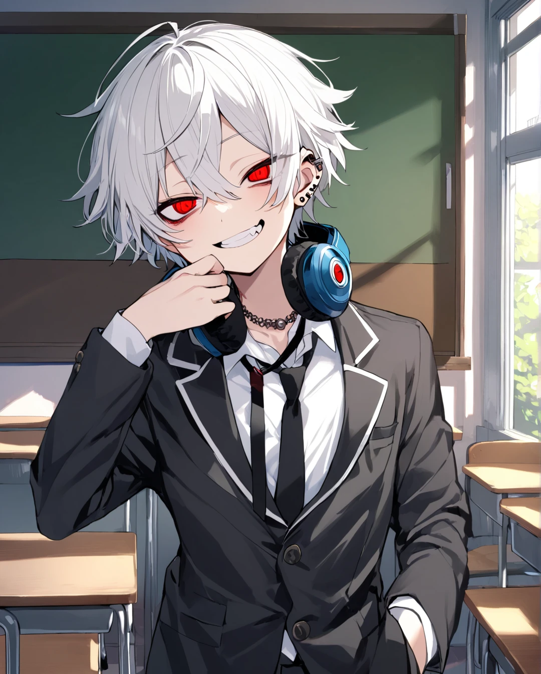 1boy.solo,cowboy shot,standing,hand to own mouth
,white hair,short hair,grin,mesugaki,skin fang,red eyes,half-closed eyes,(crazy eyes),beautiful skin,flat chest,ear piercing,necklace,headphones around neck,
school uniform,pants,black necktie,classroom,neme:kotarou