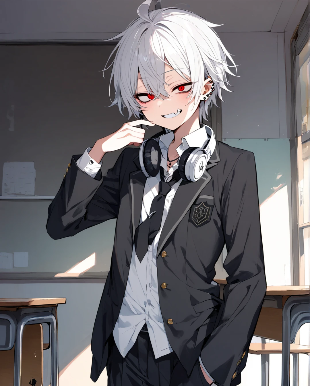 1boy.solo,cowboy shot,standing,hand to own mouth
,white hair,short hair,grin,mesugaki,skin fang,red eyes,half-closed eyes,(crazy eyes),beautiful skin,flat chest,ear piercing,necklace,headphones around neck,
school uniform,pants,black necktie,classroom,neme:kotarou