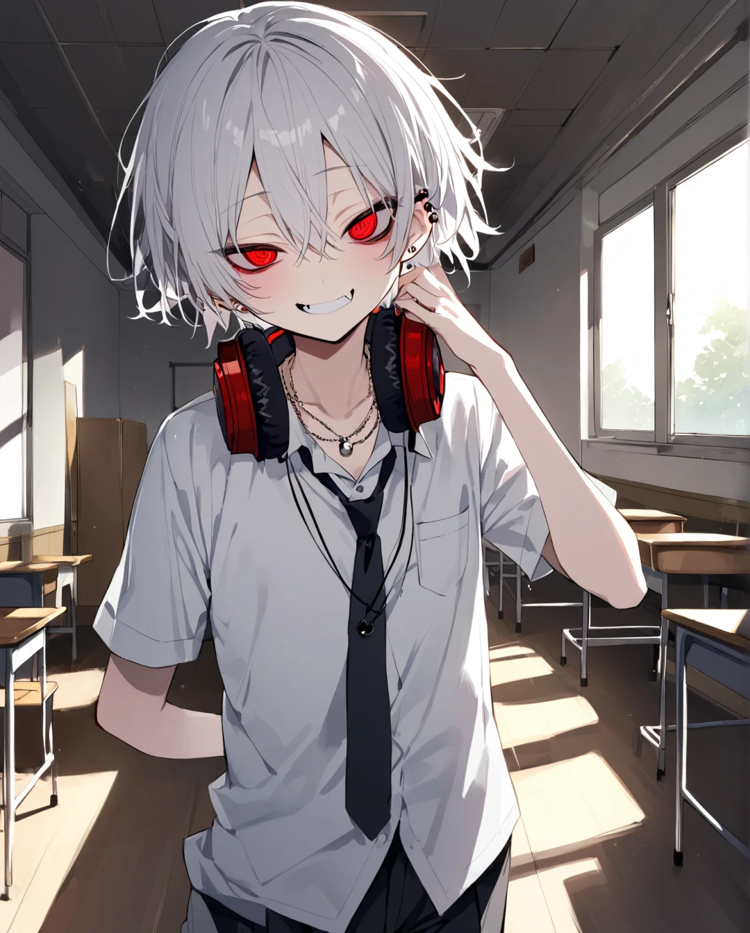 1boy.solo,cowboy shot,standing,hand to own mouth
,white hair,short hair,grin,mesugaki,skin fang,red eyes,half-closed eyes,(crazy eyes),beautiful skin,flat chest,ear piercing,necklace,headphones around neck,
school uniform,pants,black necktie,classroom,neme:kotarou