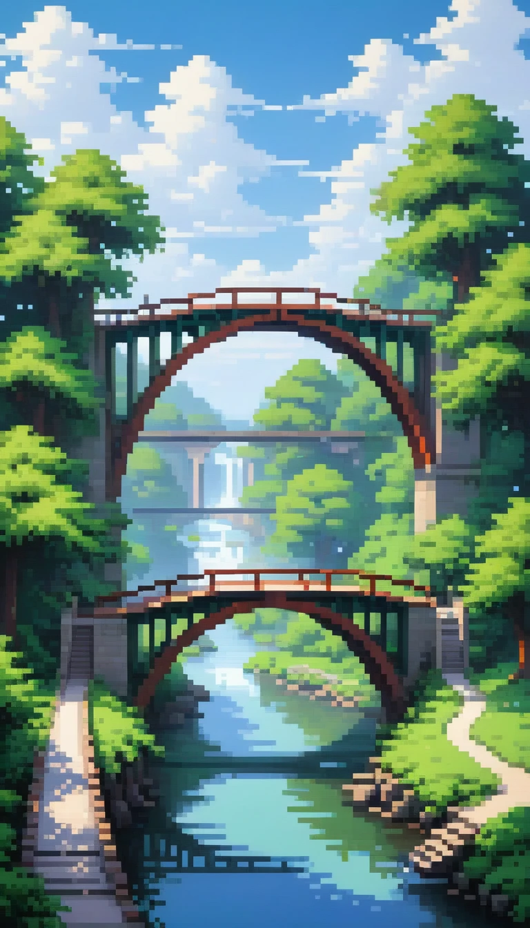 here is a painting of a 1 big bridge over a river with trees, pixel art, blue sky
