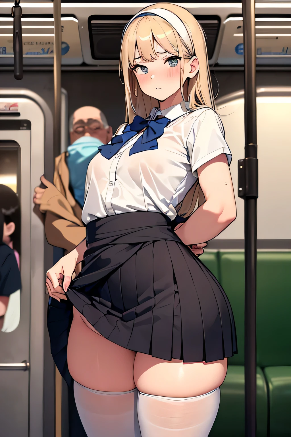 (((medium breasts))), ((best quality)), ((masterpiece)), (detailed), (((perfect face))), (((slender ))), ((((topless)))) (((dark blue pleated skirt from waist to thighs))), ((((blonde hair)))), ((French braid)), ((shy:1.3)), ((blushing:1.5)), ((skinny hips)), (((sitting on train))), ((((girl looking away)))), (((bare arms))), (((bare shoulders))), (((bare stomach))), (((skinny thighs)))