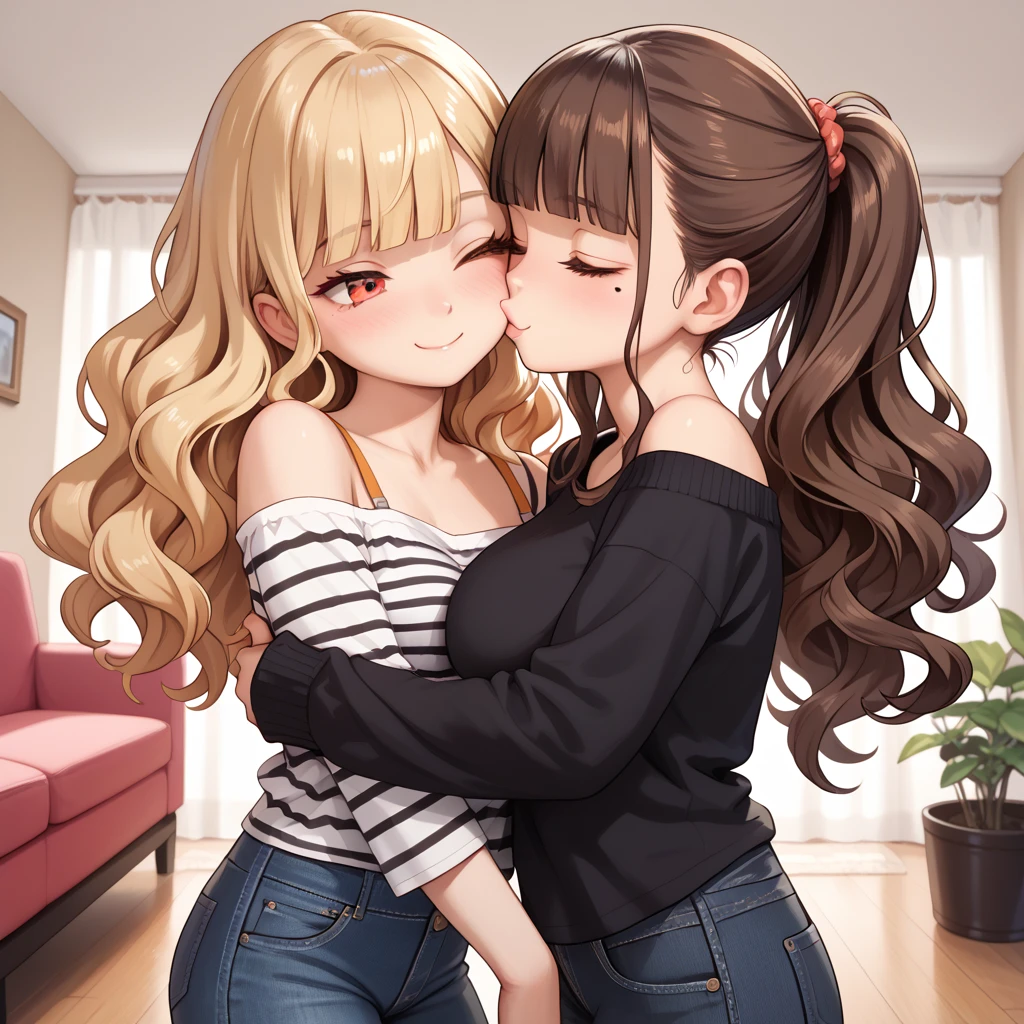 2girls, kiss on the cheek, kissing cheek, cheek kiss, smile, hugging.
first girl: (eyes closed, (small breasts), blonde hair, blunt bangs, long hair, wavy hair, black t-shirt, striped long sleeves, off shoulder.)
second girl: hugging, black jacket, jeans, perfect orange eyes, huge breasts, chin beauty mark, brown hair, bangs, ponytail. 
living room, apartment, masterpiece quality, ultra HD, 4K, best quality,