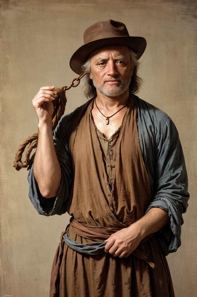  painting of a man wearing a hat and necklace on a sheet of rusty metal,  with cuts in the background joined by rustic welding ,  inspired by Giorgione , In Rembrandt style ,  inspired by Adriaen Is Messinaenbrant ,  inspired by Robert Campin , inspired by Mariotto Albertinelli,  portrait in the style of Craola , inspired by Giovanni Bellini,  inspired by Antonello da 