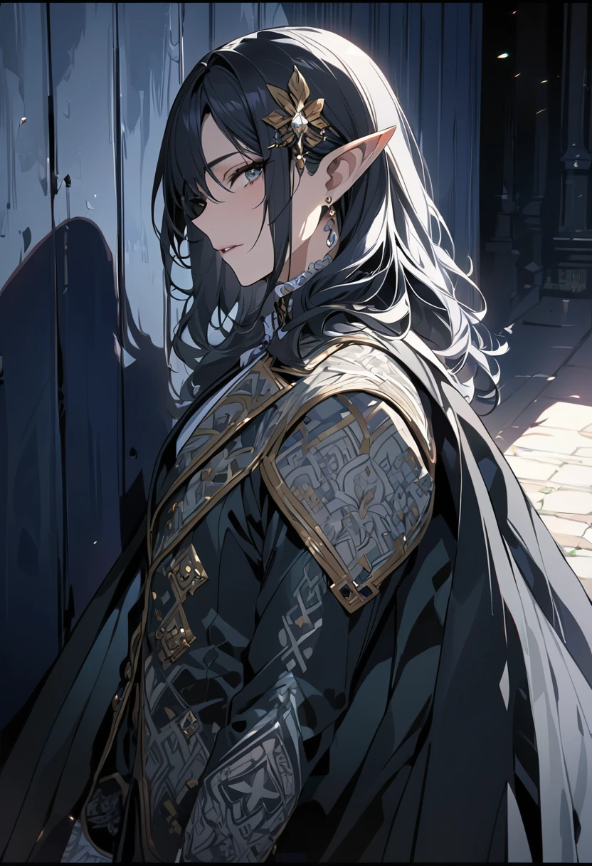 masterpiece, best quality, 8k ,4k , 1 male, elf, long ears elf, dark grayish hair, dark greenish eyes, hair ornament, finely detailed eyes and detailed face, looking at viewer, from side, meticulous clothes, formal clothes, combination of white and black coat, half cape by the shoulders, patterned clothes, majestic looks, sharp looks, shadows, inspired by Asukaziye artist : ask, art style : ask