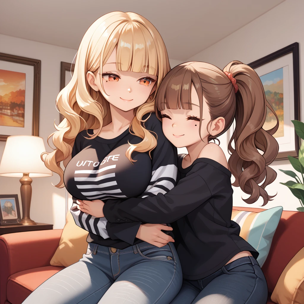 2girls, smile, hugging.
first girl: (eyes closed, (small breasts), blonde hair, blunt bangs, long hair, wavy hair, black t-shirt, striped long sleeves, off shoulder.)
second girl: hugging, black jacket, jeans, perfect orange eyes, huge breasts, chin beauty mark, brown hair, bangs, ponytail. 
living room, apartment, masterpiece quality, ultra HD, 4K, best quality,