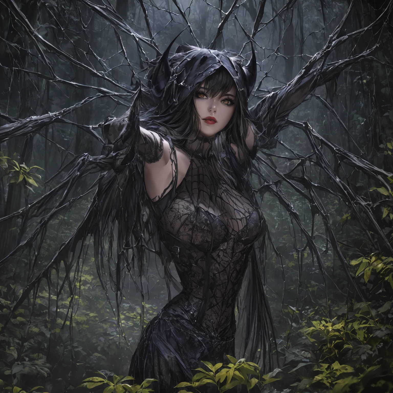 A dark fairy, beautiful detailed eyes, beautiful detailed lips, extremely detailed eyes and face, long eyelashes, dark gloomy forest, spider webs, dark goblins, revealing outfit, sensual and seductive fairy, Halloween, forest at night, magic fairy, anime, horror movie setting, (best quality,4k,8k,highres,masterpiece:1.2),ultra-detailed,(realistic,photorealistic,photo-realistic:1.37),dark moody colors, dramatic lighting, cinematic, concept art, digital painting