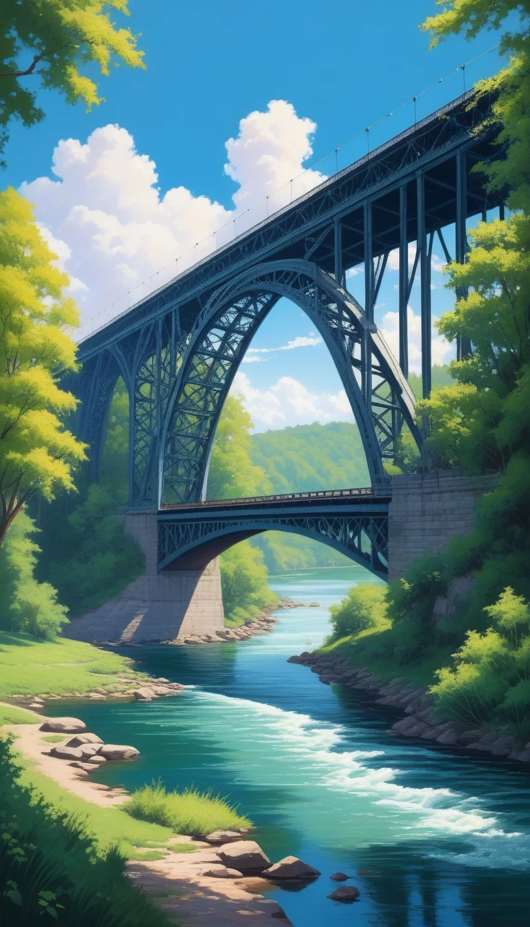 here is a painting of a 1 big bridge over a river with trees, pixel art, blue sky
