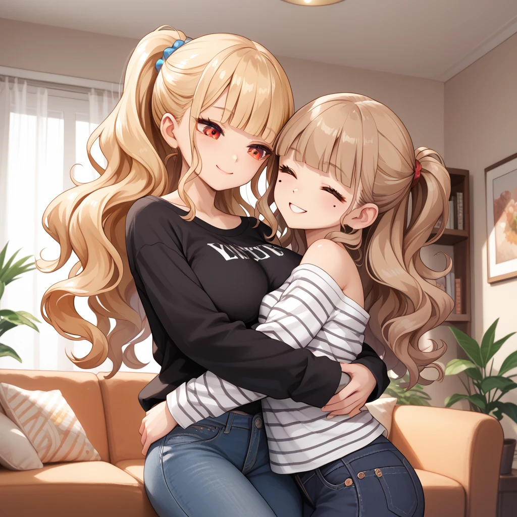 2girls, smile, hugging.
first girl: (eyes closed, (small breasts), blonde hair, blunt bangs, long hair, wavy hair, black t-shirt, striped long sleeves, off shoulder.)
second girl: hugging, black jacket, jeans, perfect orange eyes, huge breasts, chin beauty mark, brown hair, bangs, ponytail. 
living room, apartment, masterpiece quality, ultra HD, 4K, best quality,