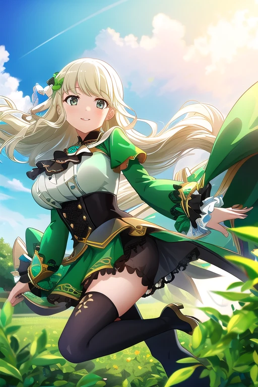 ((Best Quality)), ((masterpiece)), (  Details),   1 girl, Light Blonde,  emerald green_eye, Long Hair, smile, blanking, Big Breasts, frills, Black Ascot,  green dress, (  sleeve on your wrist:1.2), Black knee-highs,  running, Outdoor,  opens her mouth