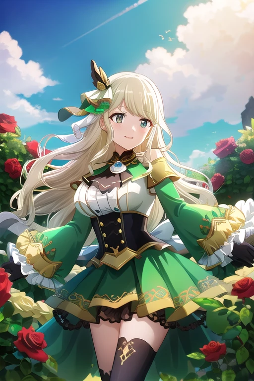 ((Best Quality)), ((masterpiece)), (  Details),   1 girl, Light Blonde,  emerald green_eye, Long Hair, smile, Red Rose, hair ornament , blanking, Big Breasts, frills, Black Ascot,  green dress, (  sleeve on your wrist:1.2), Black knee-highs,  standing , Outdoor,  opens her mouth