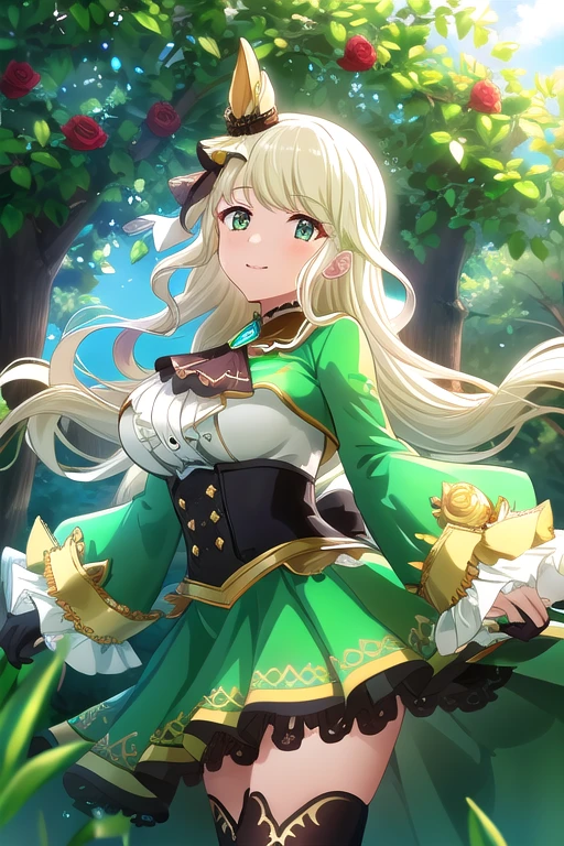 ((Best Quality)), ((masterpiece)), (  Details),   1 girl, Light Blonde,  emerald green_eye, Long Hair, smile, Red Rose, hair ornament , blanking, Big Breasts, frills, Black Ascot,  green dress, (  sleeve on your wrist:1.2), Black knee-highs,  standing , Outdoor,  opens her mouth