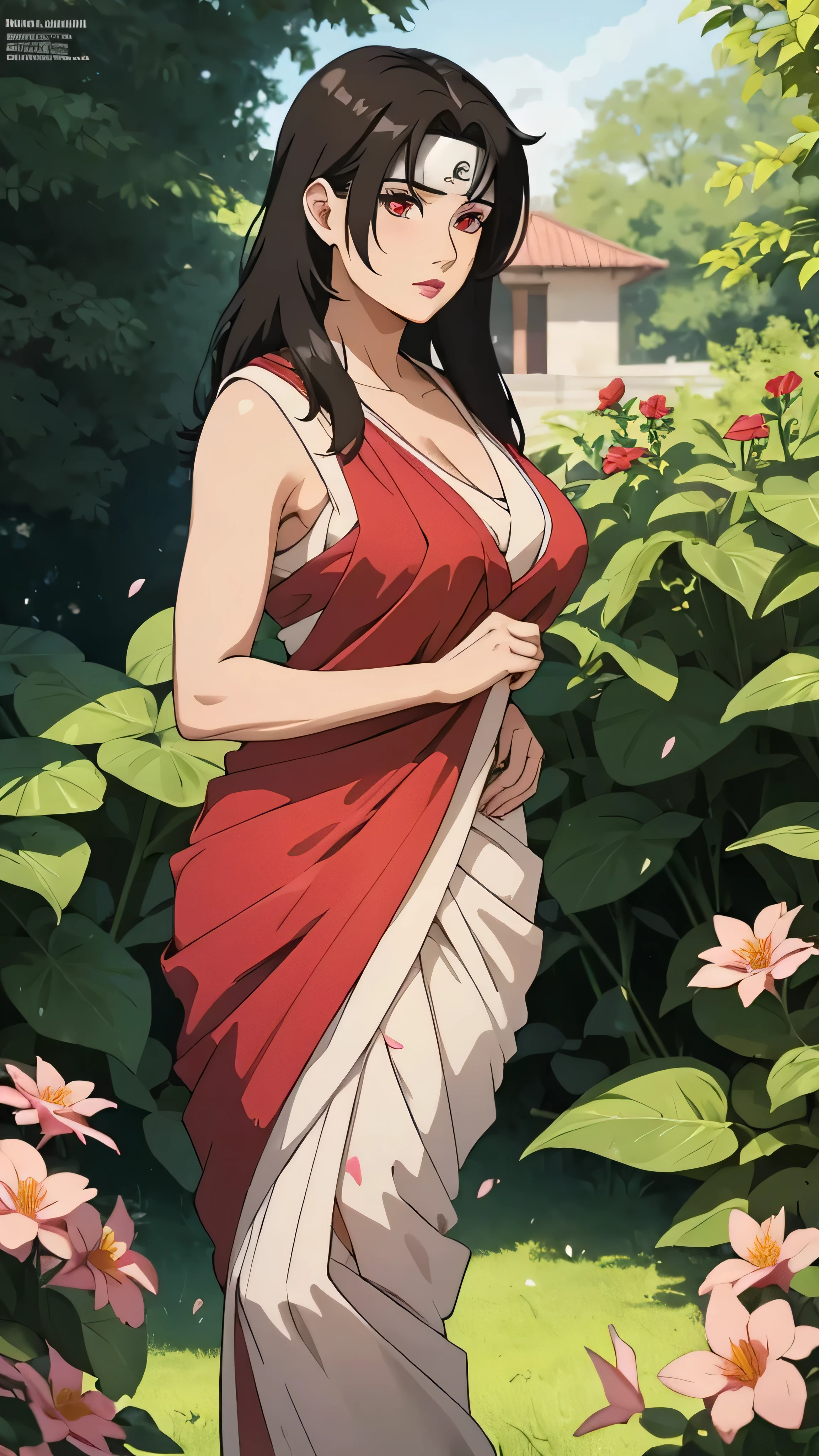 masterpiece, absurdres, kurenai yuhi\(naruto\), 1girl, solo,mature female, wearing indian saree, saree has blouse sleeveless,white saree, red dupatta and red pallu, looking at viewelling petals), perfect composition, detailed lips, big breast, beautiful face, body proportion, blush, (pink lips), long black hair, bangs, red-eyed, soft gaze, super realistic, detailed, photoshoot, realistic face and body, full body picture, standing in the middle of a flower garden