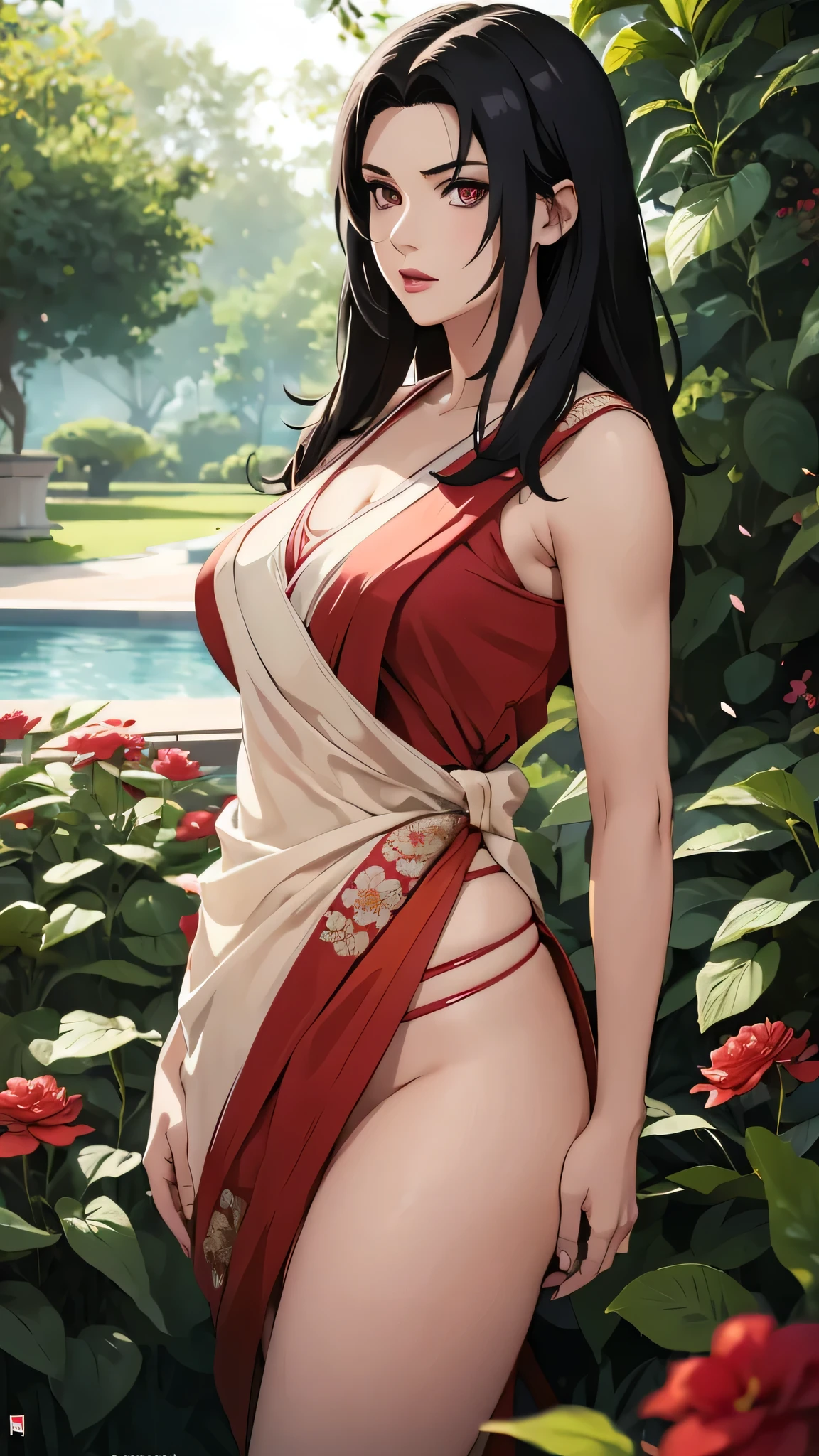 masterpiece, absurdres, kurenai yuhi\(naruto\), 1girl, solo,mature female, wearing indian saree, saree has blouse sleeveless,white saree, red dupatta and red pallu, looking at viewelling petals), perfect composition, detailed lips, big breast, beautiful face, body proportion, blush, (pink lips), long black hair, bangs, red-eyed, soft gaze, super realistic, detailed, photoshoot, realistic face and body, full body picture, standing in the middle of a flower garden