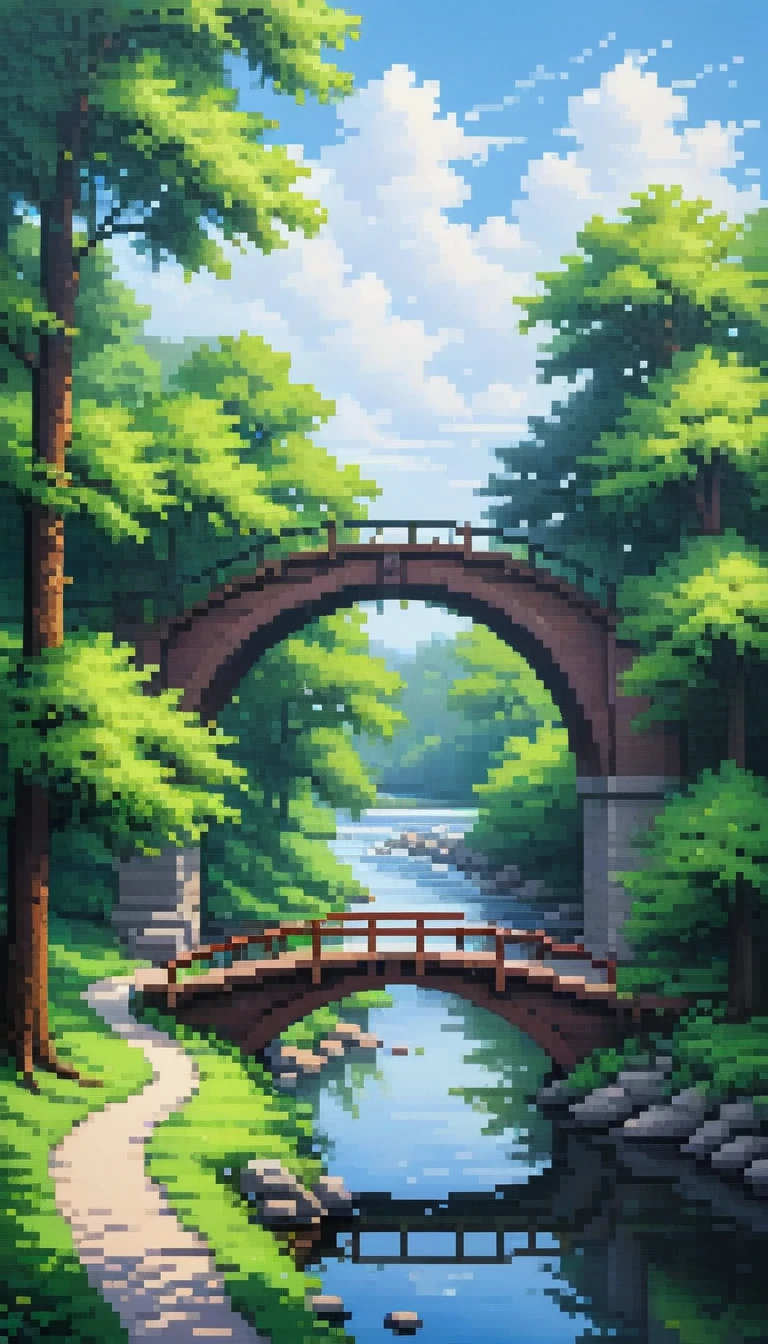 here is a painting of a 1 bridge over a river with trees, ((pixel art)), blue sky
