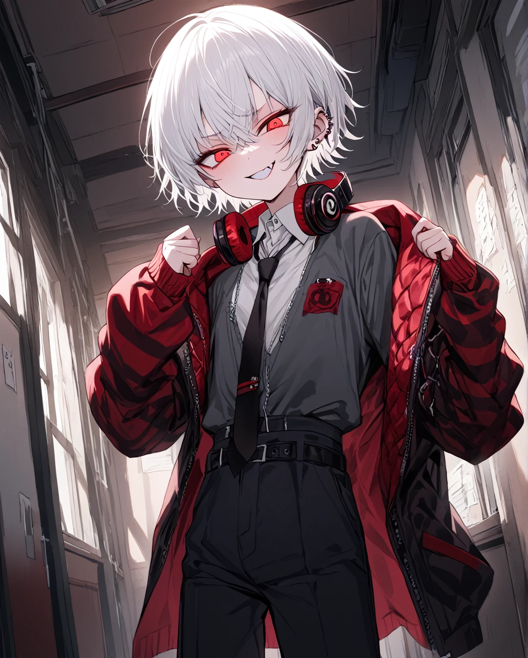 1boy.solo,cowboy shot,standing,clenched hands
,white hair,short hair,evil grin,mesugaki,skin fang,red eyes,half-closed eyes,(crazy eyes),beautiful skin,flat chest,ear piercing,necklace,headphones around neck,
open jacket,alternative fashion,pants,black necktie,classroom,neme:kotarou