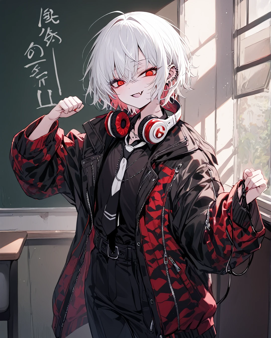 1boy.solo,cowboy shot,standing,clenched hands
,white hair,short hair,evil grin,mesugaki,skin fang,red eyes,half-closed eyes,(crazy eyes),beautiful skin,flat chest,ear piercing,necklace,headphones around neck,
open jacket,alternative fashion,pants,black necktie,classroom,neme:kotarou