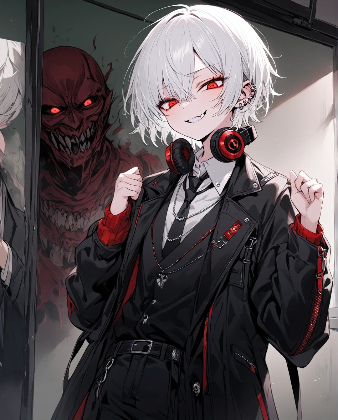 1boy.solo,cowboy shot,standing,clenched hands
,white hair,short hair,evil grin,mesugaki,skin fang,red eyes,half-closed eyes,(crazy eyes),beautiful skin,flat chest,ear piercing,necklace,headphones around neck,
open jacket,alternative fashion,pants,black necktie,classroom,neme:kotarou