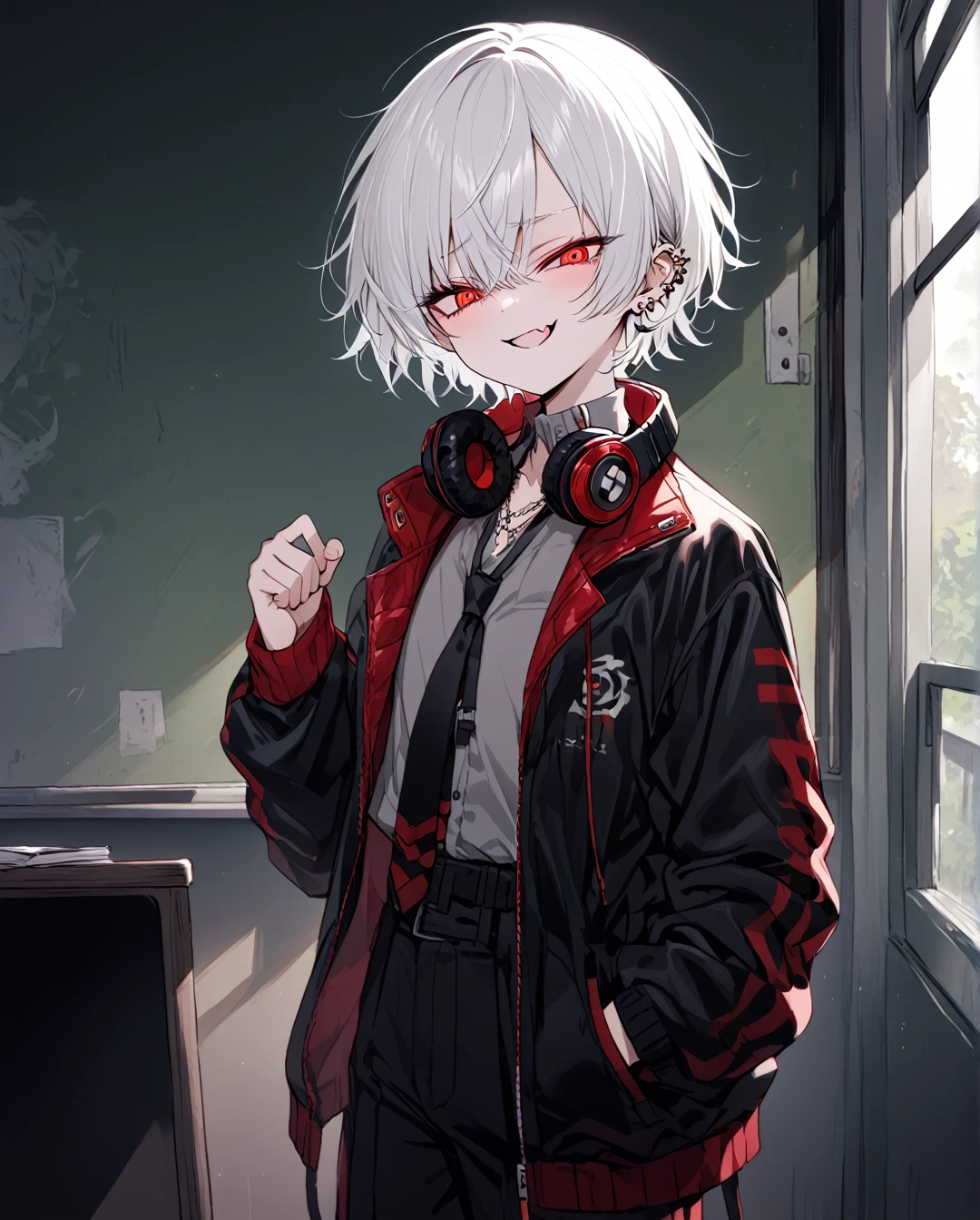 1boy.solo,cowboy shot,standing,clenched hands
,white hair,short hair,evil grin,mesugaki,skin fang,red eyes,half-closed eyes,(crazy eyes),beautiful skin,flat chest,ear piercing,necklace,headphones around neck,
open jacket,alternative fashion,pants,black necktie,classroom,neme:kotarou