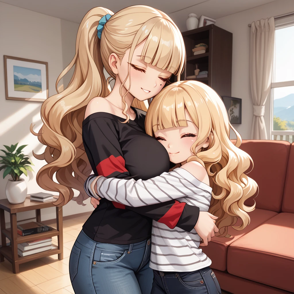 2girls, smile, hugging.
first girl: ((short, eyes closed, (small breasts), blonde hair, blunt bangs, long hair, wavy hair, black t-shirt, striped long sleeves, off shoulder.))
second girl: tall, hugging, black jacket, jeans, perfect orange eyes, huge breasts, chin beauty mark, brown hair, bangs, ponytail. 
living room, apartment, masterpiece quality, ultra HD, 4K, best quality,