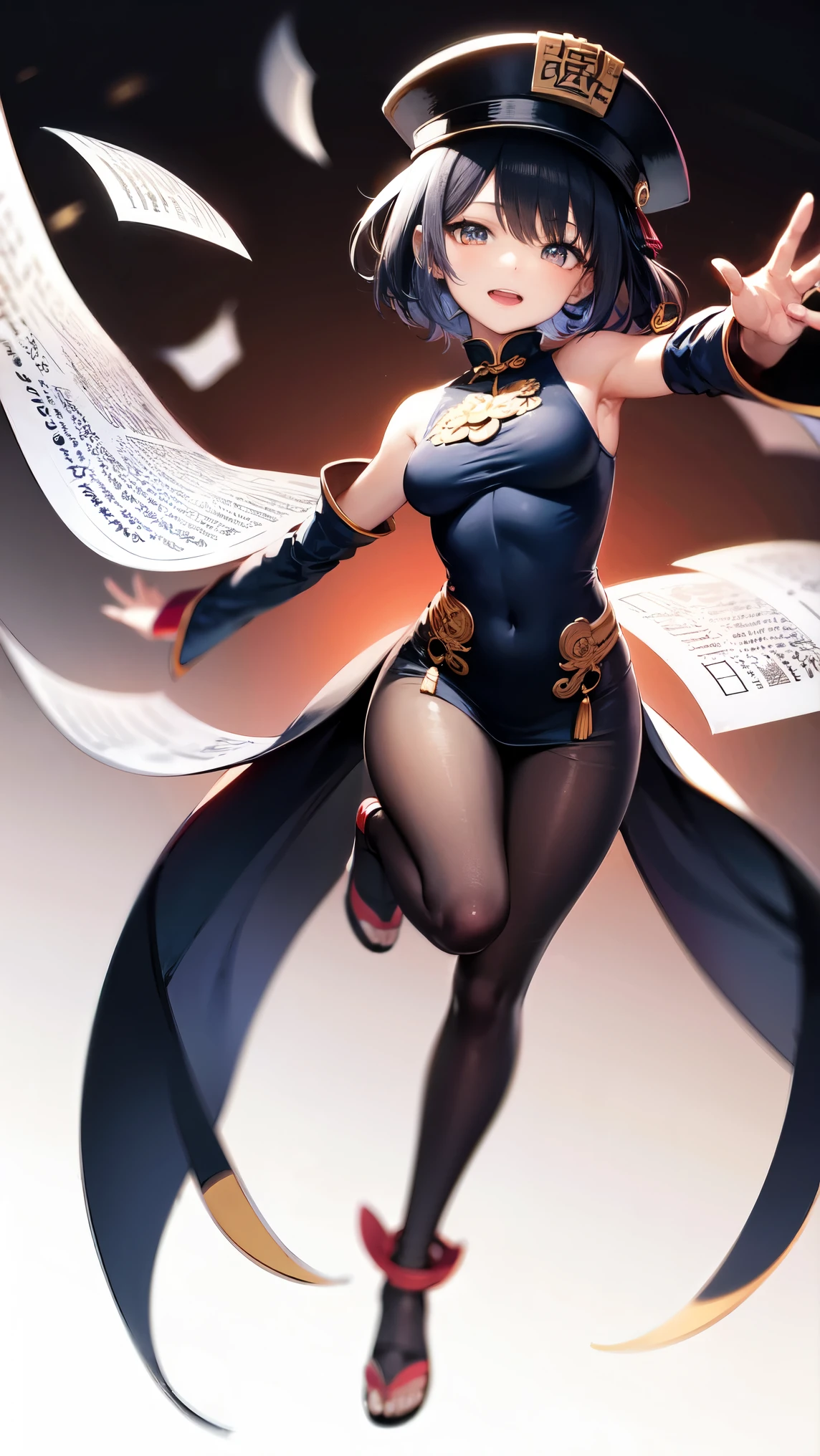 full body, painting 2d, anime, sharp, masterpiece, view front she, paper stamp in the middle of the face, short hair black, perfect body, gorgeous female Jiangshi jumping towards the camera, wear blue silk qipao,clothes detailed, hat with paper talisman detailed, warm colors, vibrant, dim light, lrim light, glowin eyes, shadow detailed, intricate detailed, black background