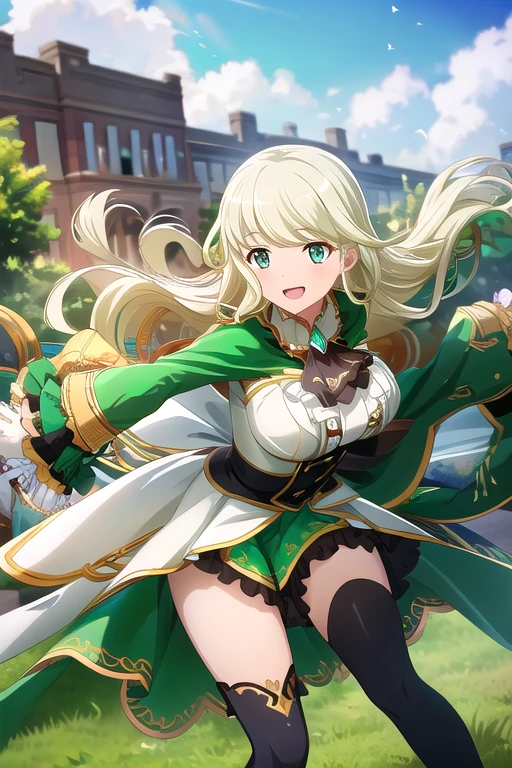 ((Best Quality)), ((masterpiece)), (  Details),   1 girl, Light Blonde,  emerald green_eye, Long Hair, smile, blanking, Big Breasts, frills, Black Ascot,  green dress, (  sleeve on your wrist:1.2), Black knee-highs,  running, Outdoor,  opens her mouth, Right Arm_Swinging forward , Left arm_ swinging backwards, Speed