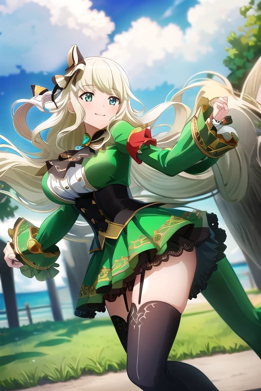 ((Best Quality)), ((masterpiece)), (  Details),   1 girl, Light Blonde,  emerald green_eye, Long Hair, smile, blanking, Big Breasts, frills, Black Ascot,  green dress, (  sleeve on your wrist:1.2), Black knee-highs,  running, Outdoor,  opens her mouth, Right Arm_Swinging forward , Left arm_ swinging backwards, Speed