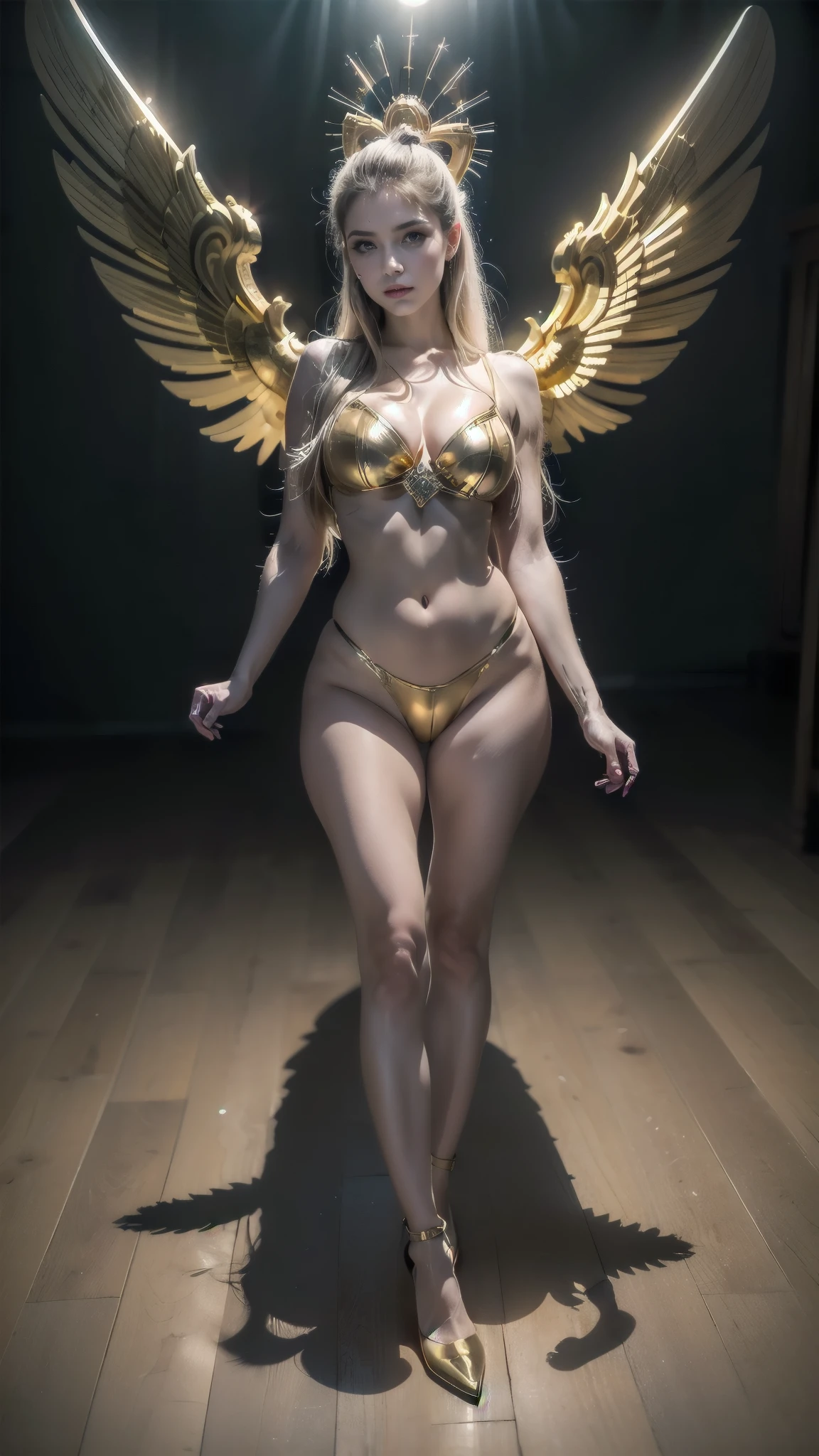 mechanical style,golden theme,( a mechanical angel beautiful girl,Anatomically Correct,  full body ,halo,golden asas,standing,base circular), 
Zodiac background , sky, cloud, Galaxy, ( 3D rendering ,best quality, detailed high, masterpiece, official art,  kinematic lighting , 4K, chiaroscuro), (  hands up  ), 
body proportions, (Chapped lips:1.4), (blush de nariz:1.2), foreshortening, black cuts, (eye contact), High contrast, ultra high resolution, high resolution, detailed, Clean face,  ( sexy face :1.5), (big purple eyes:1.2), ( ultra detailed eyes :1.4), ( High resolution eyes :1.1), ( ultra detailed skin texture :1.4), PERSEPHONE, Persephone, Persephone, (SFW:1.5),  (full body:1.8), (upper body up:0.3), (hyper realistic:1.4), (realistic:1.3), (best quality real texture skin), Detailed eyes, detailed face, Cameltoe 