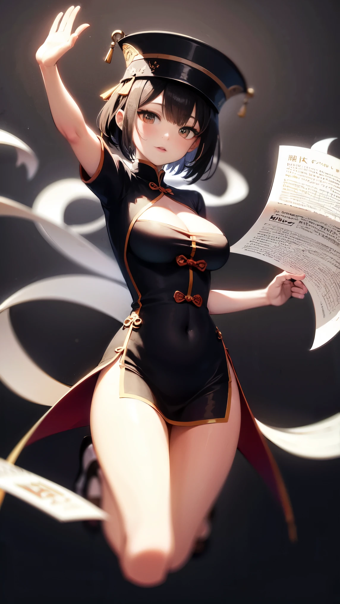 full body, painting 2d, anime, sharp, masterpiece, view front she, paper stamp in the middle of the face, short hair black, perfect body, gorgeous female Jiangshi jumping towards the camera, wear blue silk qipao,clothes detailed, hat with paper talisman detailed, warm colors, vibrant, dim light, lrim light, glowin eyes, shadow detailed, intricate detailed, black background