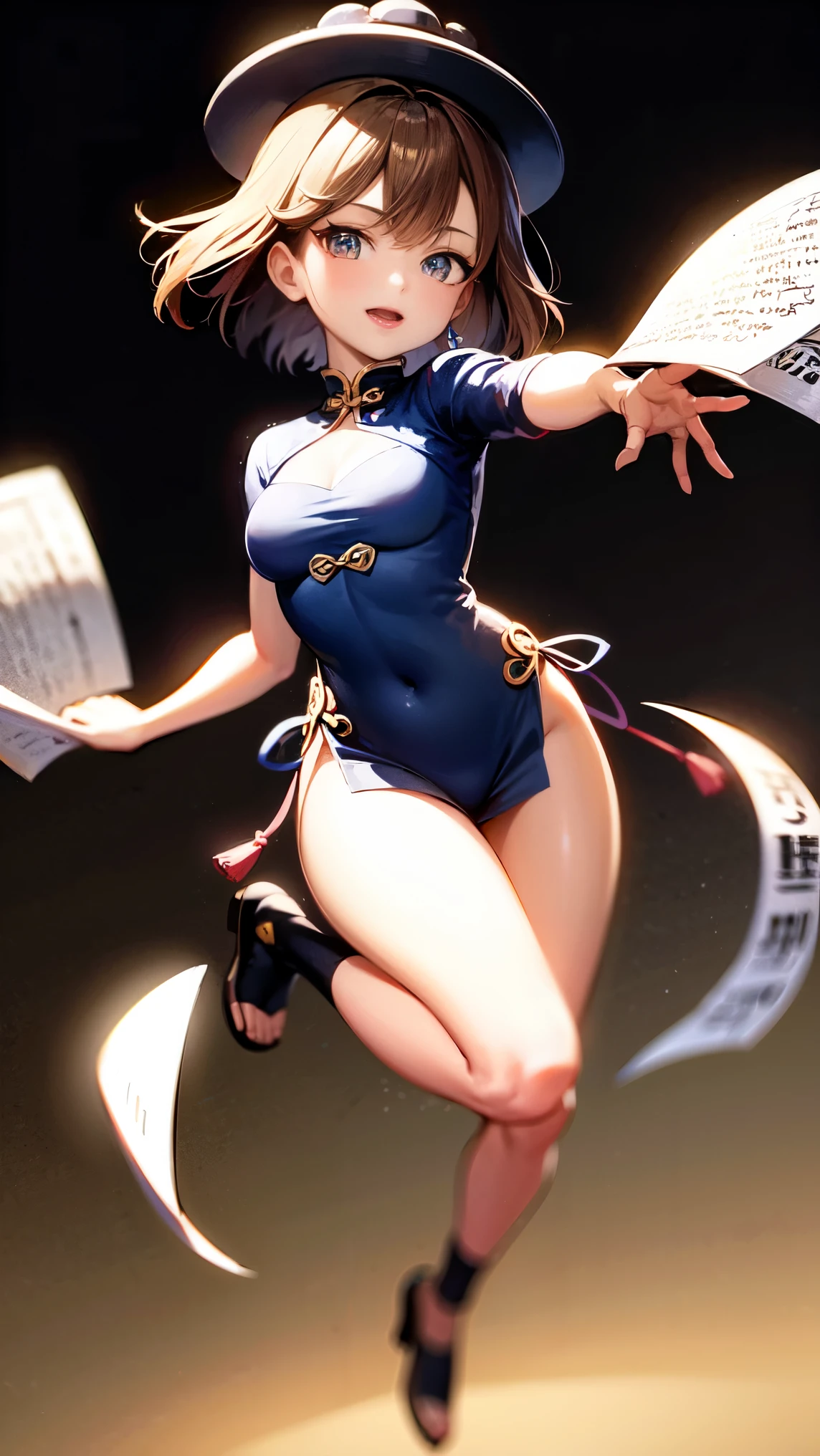 full body, painting 2d, anime, sharp, masterpiece, view front she, paper stamp in the middle of the face, short hair black, perfect body, gorgeous female Jiangshi jumping towards the camera, wear blue silk qipao,clothes detailed, hat with paper talisman detailed, warm colors, vibrant, dim light, lrim light, glowin eyes, shadow detailed, intricate detailed, black background