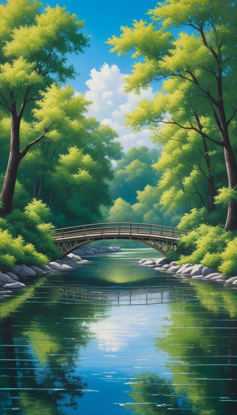 here is a painting of a 1 bridge over a river with trees, pixel art, blue sky
