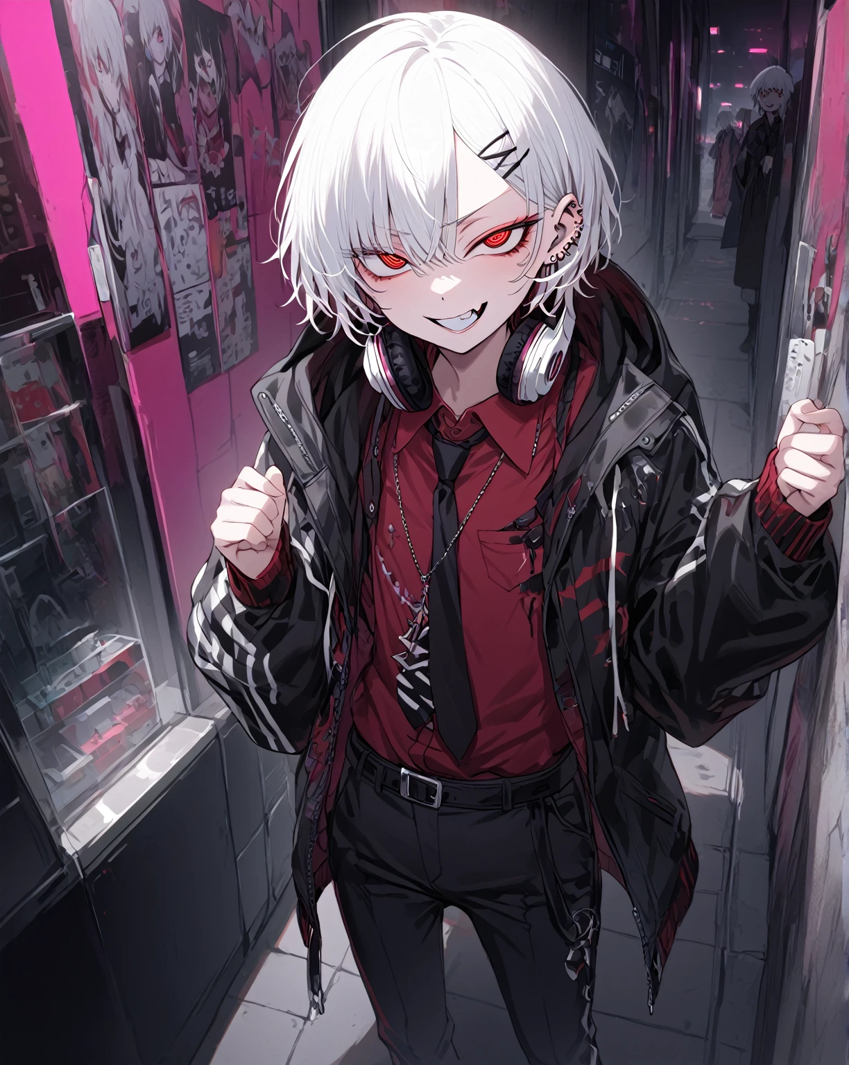 1boy.solo,cowboy shot,walking,hand in pockets
,white hair,short hair,grin,mesugaki,skin fang,red eyes,half-closed eyes,(crazy eyes),flat chest,ear piercing,necklace,headphones around neck,
Cyberpunk fashion,pants,,beautiful skin,Cyberpunk Cities,High-Tech Parks,neme:kotarou