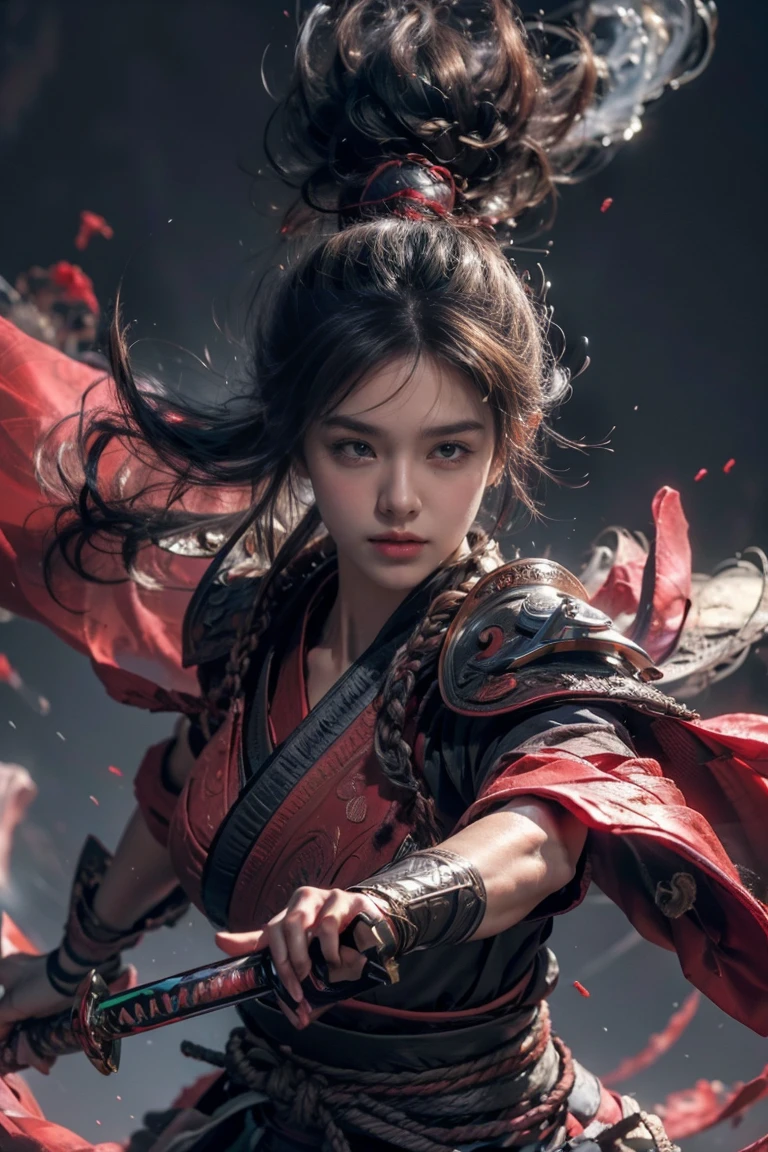 tmasterpiece，16k，high high quality，artwork of a，Martial soul，1 girl，red theme，smog，floating weapons，long sword，Bright lights，Bright background，sweety face，delicated face，Vivid textures，Photos taken with Sony camera，Cinematic lighting，full bodyesbian, close view, look at the viewer