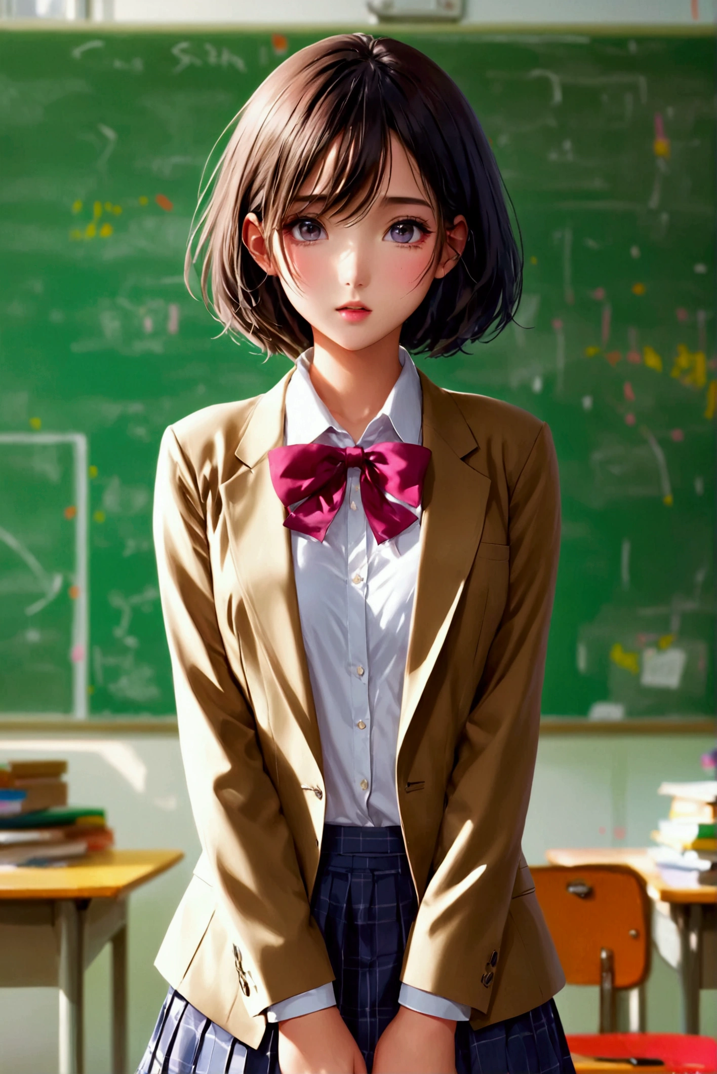 Hyperreal, masterpiece, classroom、Khaki blazer、(open chest:1.2), white bra, lift up skirt,  schoolgirl in a checkered skirt  、short bob, 18 years old、 PERFECT BODY 、165cm、 Open legs、 pink panties  、Twilight Sky、 Cinematic Light 、、a-face 、From below, masterpiece,   high quality,　Front View, (nsfw:1.2), 