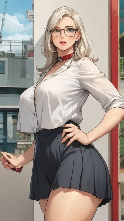 a mature woman with long, silky blonde hair, blue eyes with round-framed glasses, thin lips, a round face, medium bust, wide hips, thick thighs, wearing a black coat with a collar and buttons, a long white button-up shirt, a gray necktie, a pleated skirt, striped knee-high socks, and red Queen system sneakers, standing in the dean's office at a university, looking directly at the viewer, (best quality,4k,8k,highres,masterpiece:1.2),ultra-detailed,(realistic,photorealistic,photo-realistic:1.37),HDR,UHD,studio lighting,ultra-fine painting,sharp focus,physically-based rendering,extreme detail description,professional,vivid colors,bokeh,portrait,photography