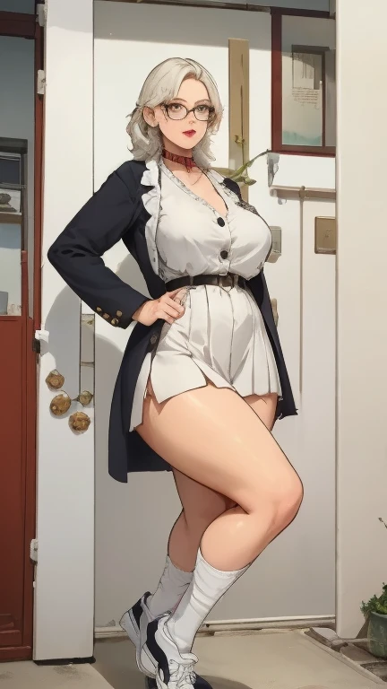 1girl, mature woman, long silky blonde hair, blue eyes, round-framed glasses, thin lips, round face, medium bust, wide hips, thick thighs, black coat with collar and buttons, long white button-up shirt, gray necktie, pleated skirt, striped knee-high socks, red Queen system sneakers, standing in university dean's office, looking directly at viewer, (best quality,4k,8k,highres,masterpiece:1.2),ultra-detailed,(realistic,photorealistic,photo-realistic:1.37),HDR,UHD,studio lighting,ultra-fine painting,sharp focus,physically-based rendering,extreme detail description,professional,vivid colors,bokeh,portrait,photography